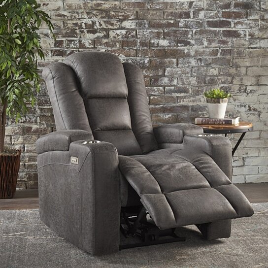 Everette Tufted Slate Microfiber Power Recliner with Arm Storage